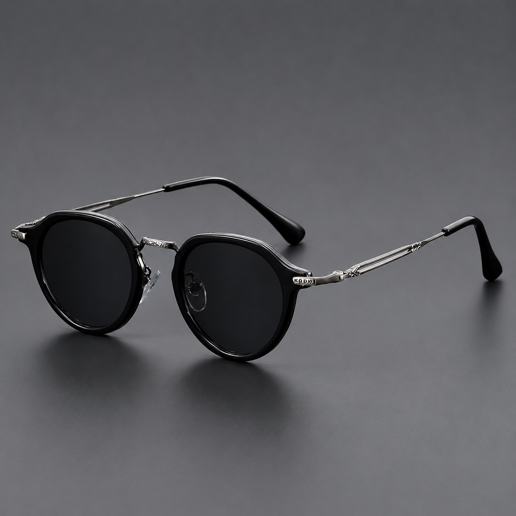 Lunettes de Soleil Rondes Vintage Rétro Homme Femme – Monture Argent et Noir, Verres Noires Protection UV400, Style Branches Fines avec Embouts Verts (Copie)