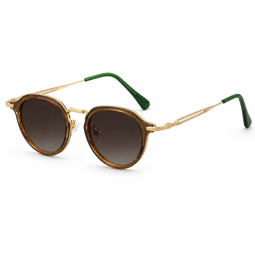 Lunettes de Soleil Rondes Vintage Rétro Homme Femme – Monture Métal Doré & Écaille, Verres Dégradés Marron Protection UV400, Style Steampunk Années 70, Branches Fines avec Embouts Verts