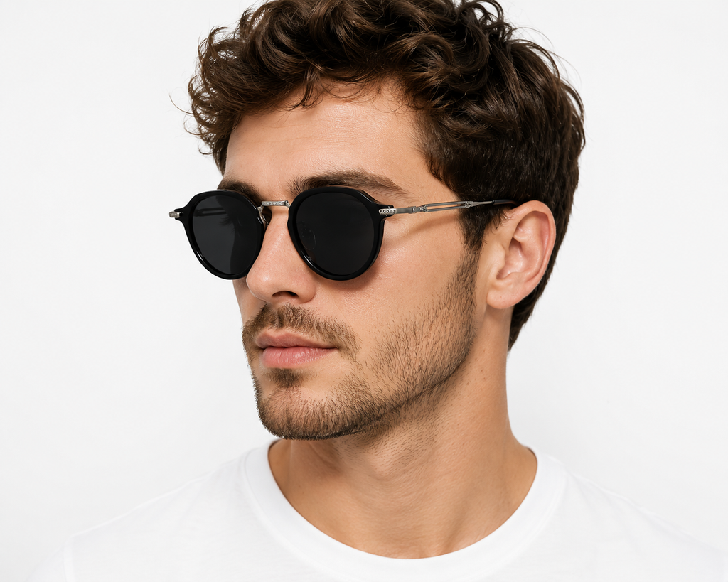 Lunettes de Soleil Rondes Vintage Rétro Homme Femme – Monture Argent et Noir, Verres Noires Protection UV400, Style Branches Fines avec Embouts Verts (Copie)