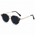 Lunettes de Soleil Rondes Vintage Rétro Homme Femme – Monture Métal Bleu, doré et noir, Verres Bleues Protection UV400, Style Branches Fines avec Embouts Verts