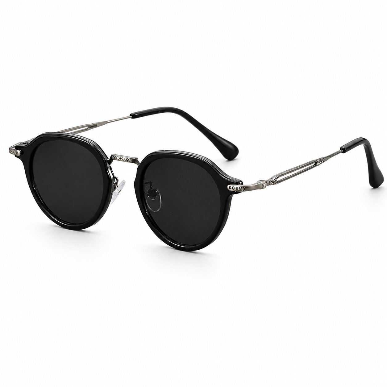 Lunettes de Soleil Rondes Vintage Rétro Homme Femme – Monture Argent et Noir, Verres Noires Protection UV400, Style Branches Fines avec Embouts Verts (Copie)