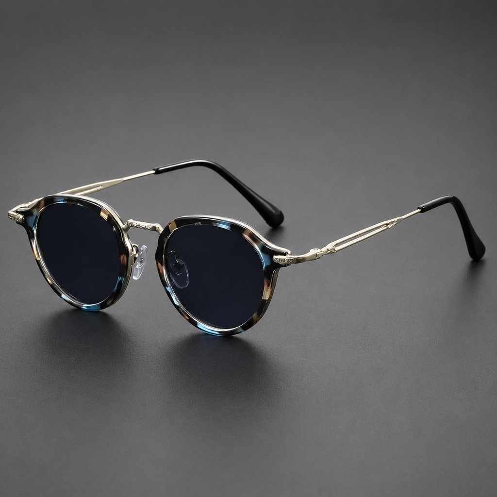 Lunettes de Soleil Rondes Vintage Rétro Homme Femme – Monture Métal Bleu, doré et noir, Verres Bleues Protection UV400, Style Branches Fines avec Embouts Verts