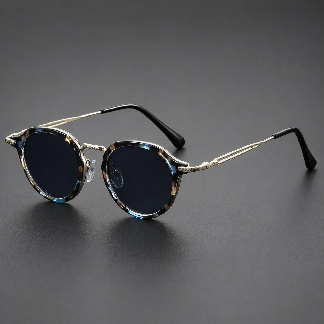 Lunettes de Soleil Rondes Vintage Rétro Homme Femme – Monture Métal Bleu, doré et noir, Verres Bleues Protection UV400, Style Branches Fines avec Embouts Verts