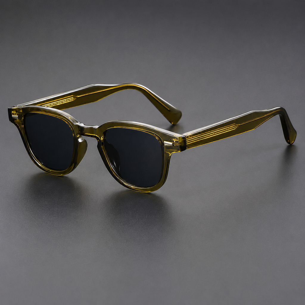 Lunettes de Soleil Vintage Rétro Homme Femme – Monture Ronde Acétate Vert Olive Translucide – Verres Noirs UV400 – Style Tendance