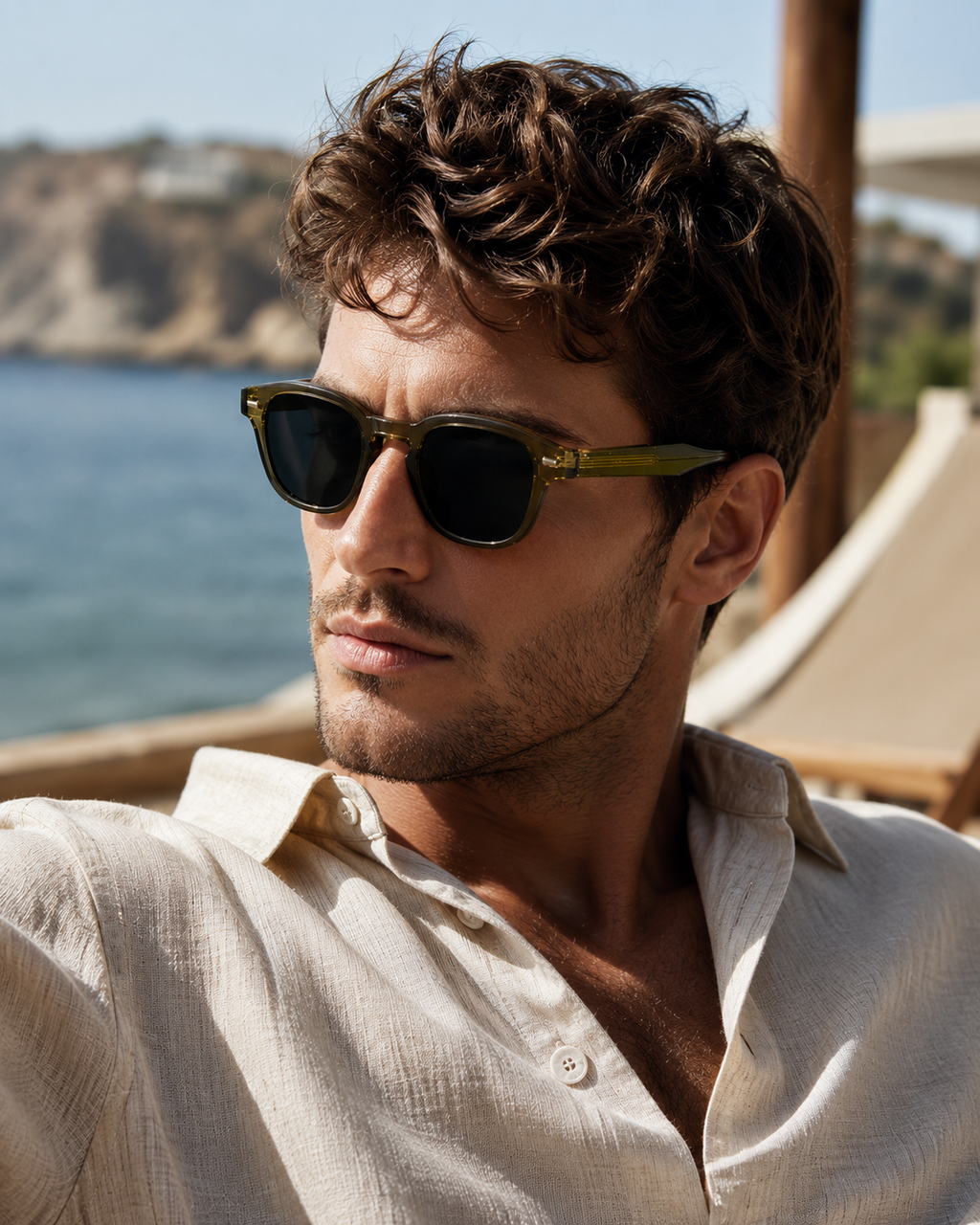 Lunettes de Soleil Vintage Rétro Homme Femme – Monture Ronde Acétate Vert Olive Translucide – Verres Noirs UV400 – Style Tendance