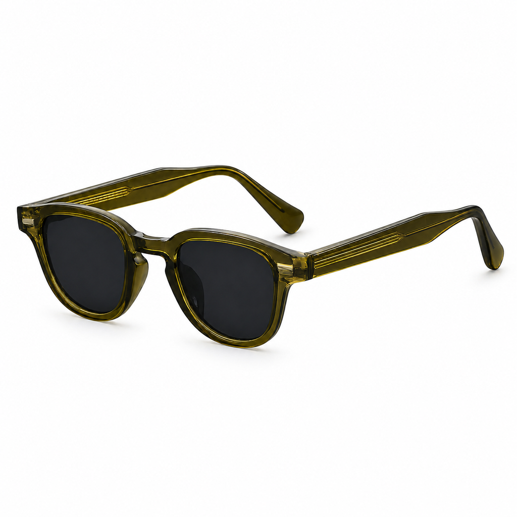 Lunettes de Soleil Vintage Rétro Homme Femme – Monture Ronde Acétate Vert Olive Translucide – Verres Noirs UV400 – Style Tendance