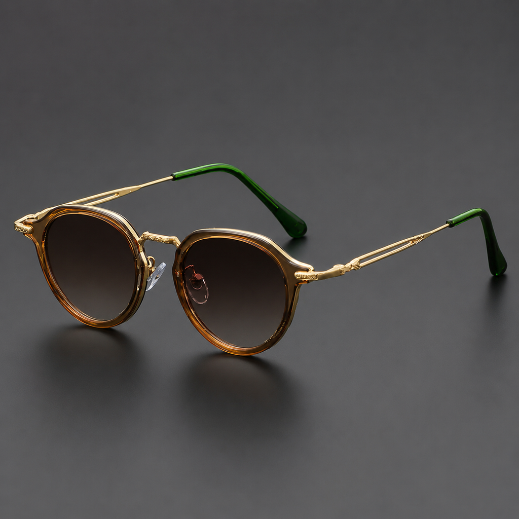 Lunettes de Soleil Rondes Vintage Rétro Homme Femme – Monture Métal Doré & Écaille, Verres Dégradés Marron Protection UV400, Style Steampunk Années 70, Branches Fines avec Embouts Verts